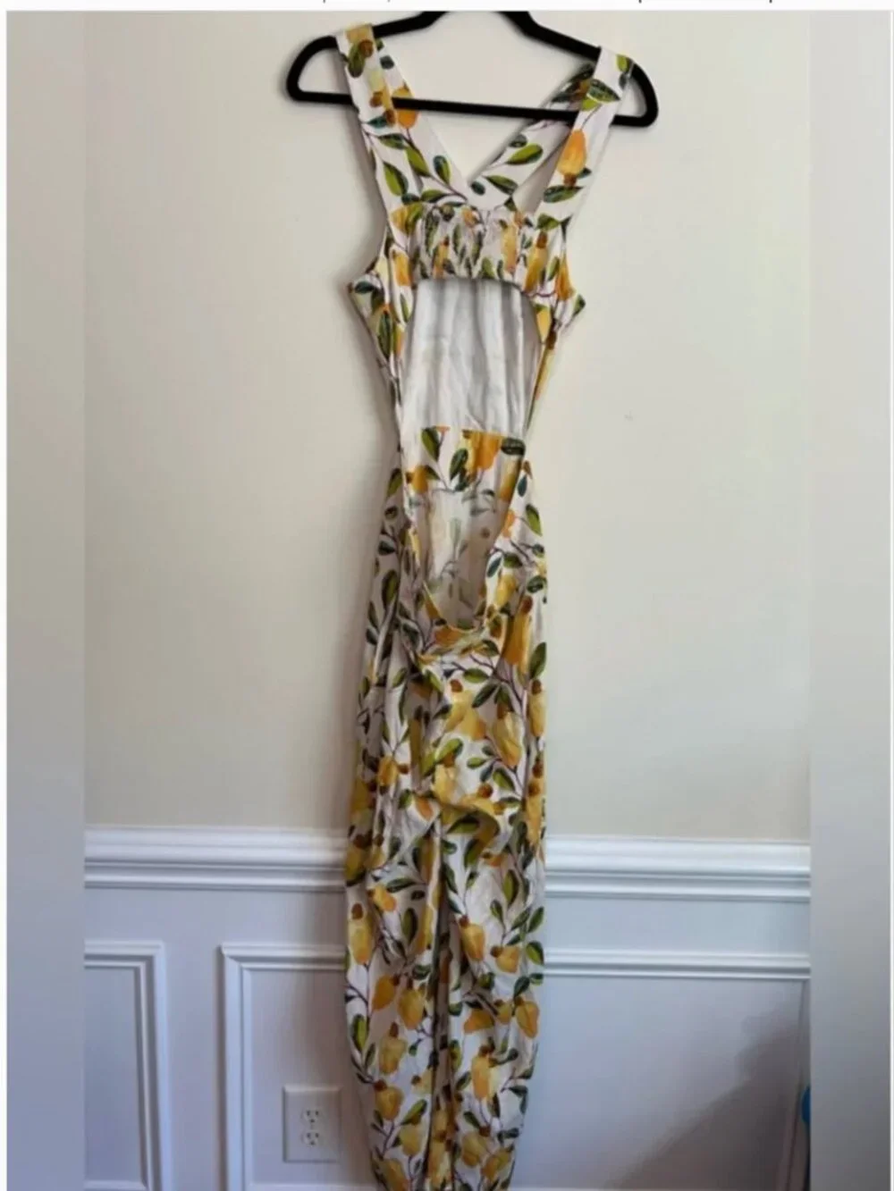 Farm Rio Halter Cutout Linen Blend Wide-Leg Pear Graphic Jumpsuit size L